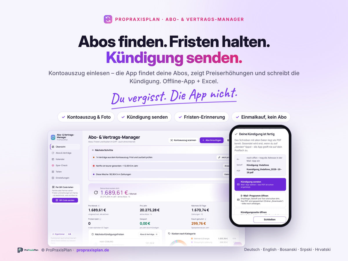 Abo- und Vertrags-Manager – Abos finden, Fristen halten, Kündigung senden