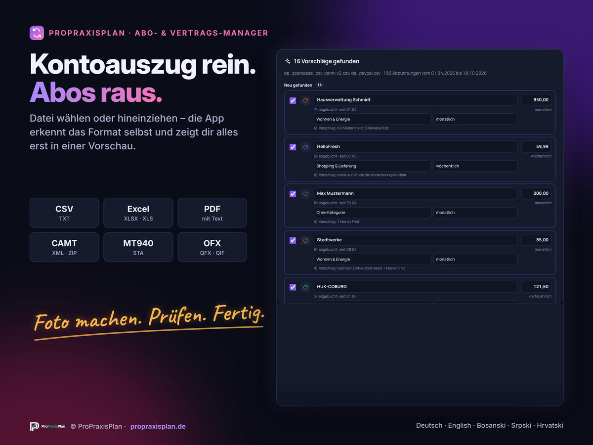 Abo- und Vertrags-Manager – Kontoauszug einlesen, Abos werden erkannt