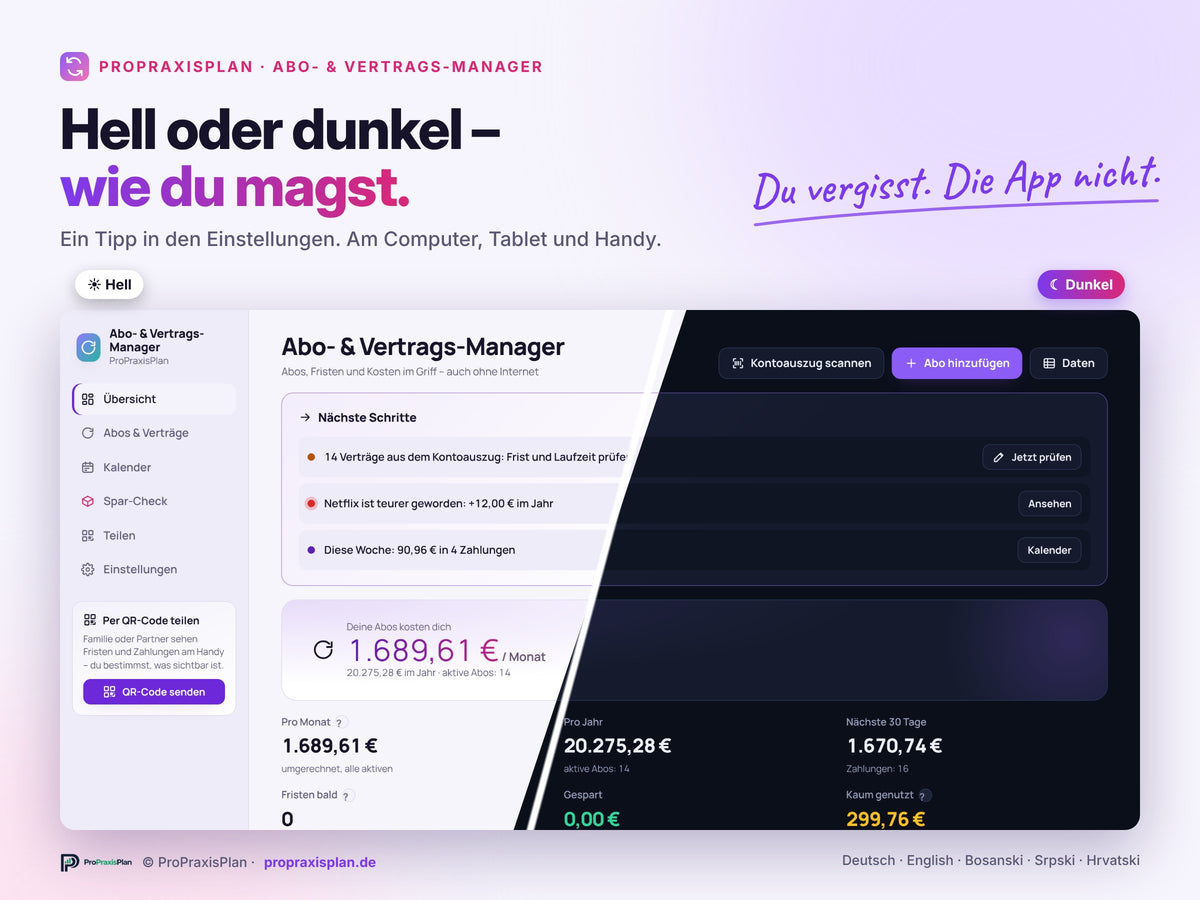 Abo- und Vertrags-Manager – heller und dunkler Modus