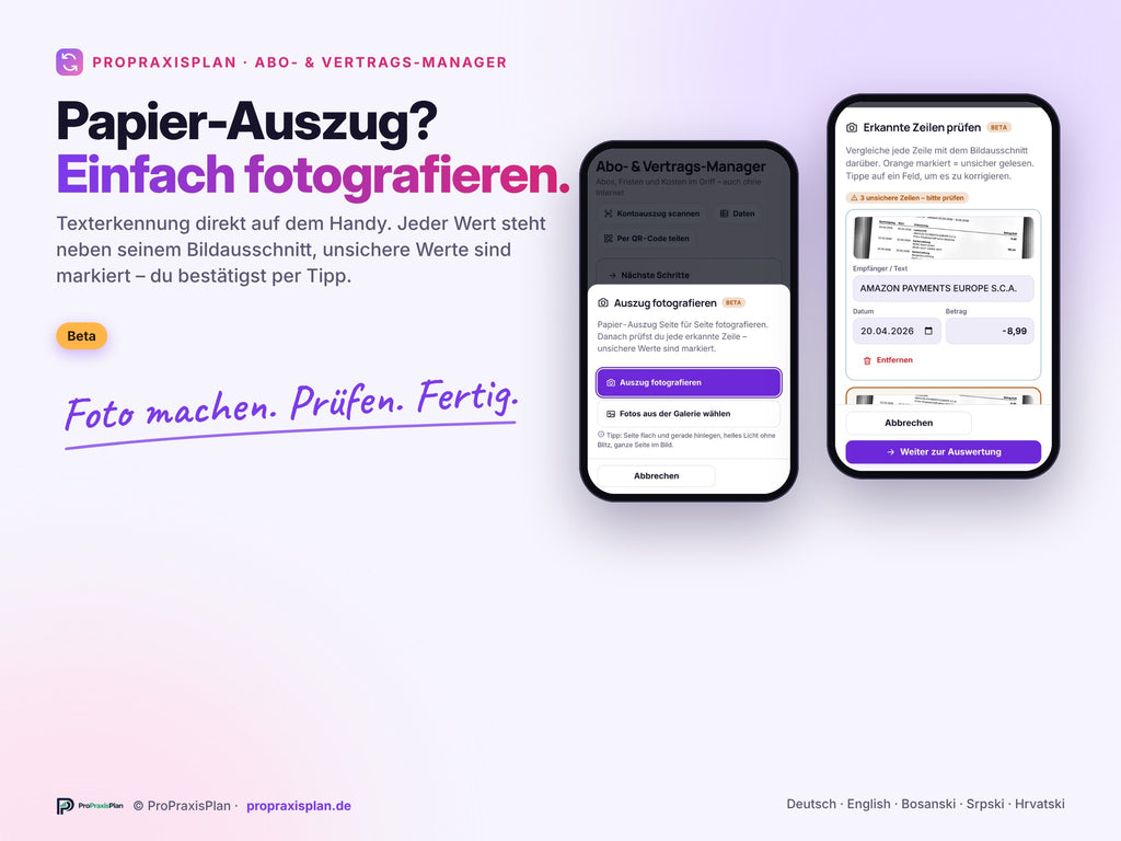 Abo- und Vertrags-Manager – Papier-Kontoauszug mit dem Handy fotografieren