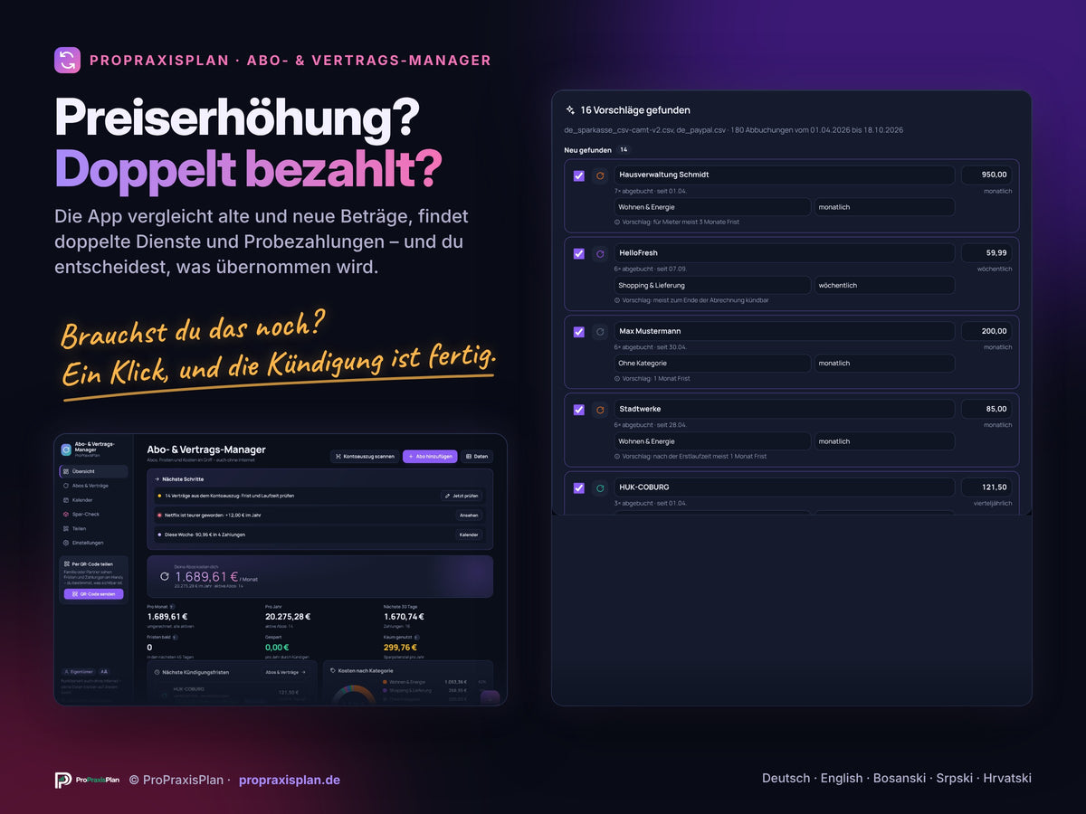 Abo- und Vertrags-Manager – Preiserhöhungen und doppelte Abos erkennen