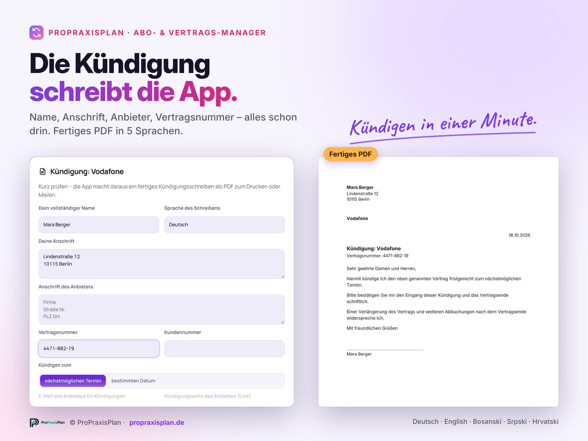 Abo- und Vertrags-Manager – Kündigungsschreiben als fertiges PDF