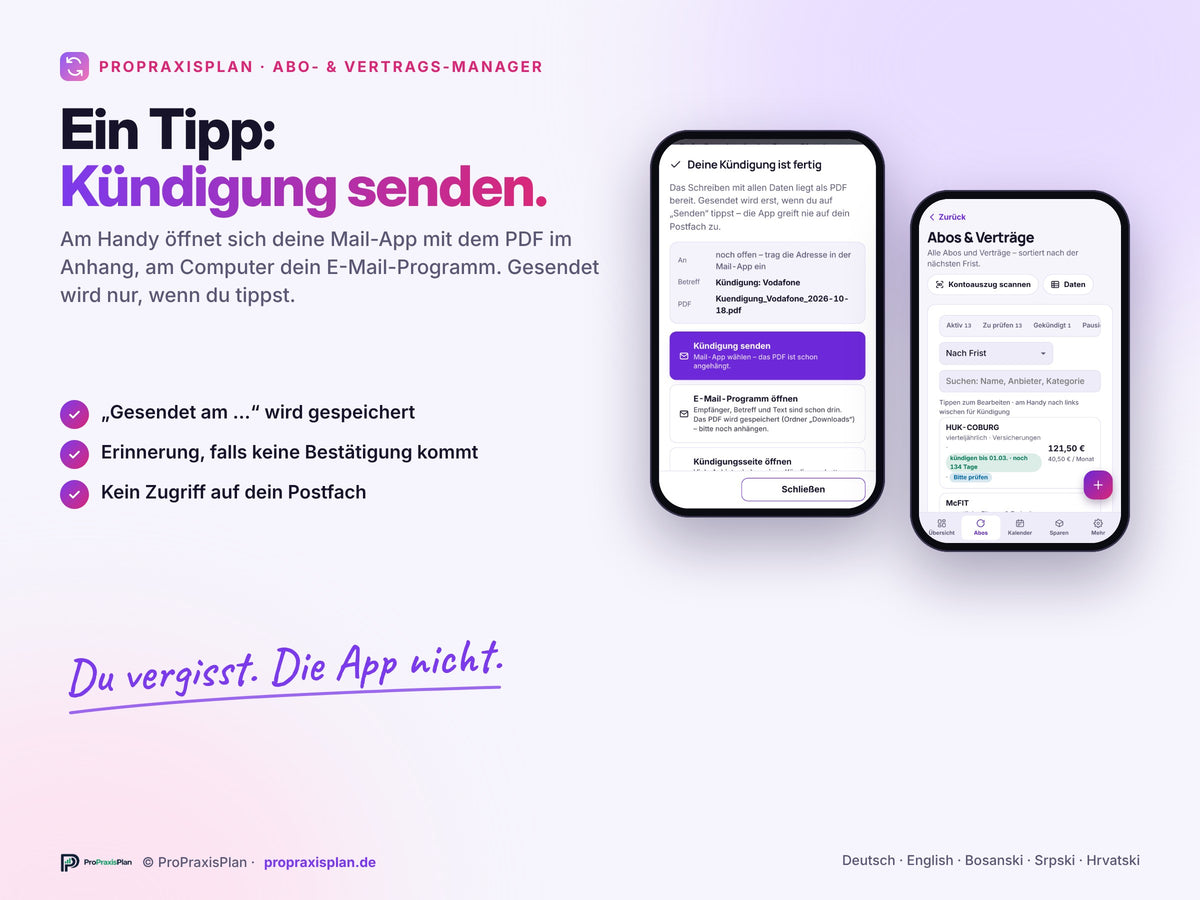 Abo- und Vertrags-Manager – Kündigung mit einem Tipp senden