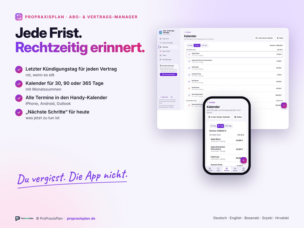 Abo- und Vertrags-Manager – jede Frist rechtzeitig im Kalender