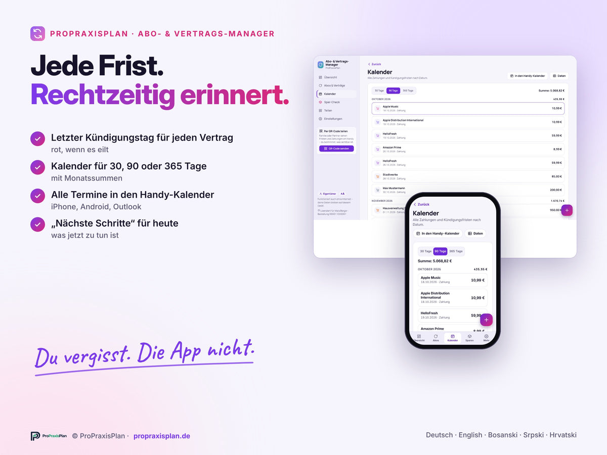 Abo- und Vertrags-Manager – jede Frist rechtzeitig im Kalender