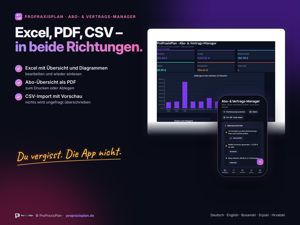 Abo- und Vertrags-Manager – Excel, PDF und CSV in beide Richtungen