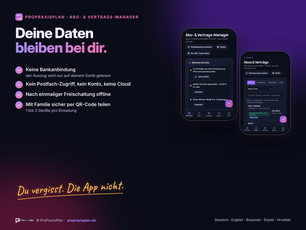 Abo- und Vertrags-Manager – deine Daten bleiben bei dir