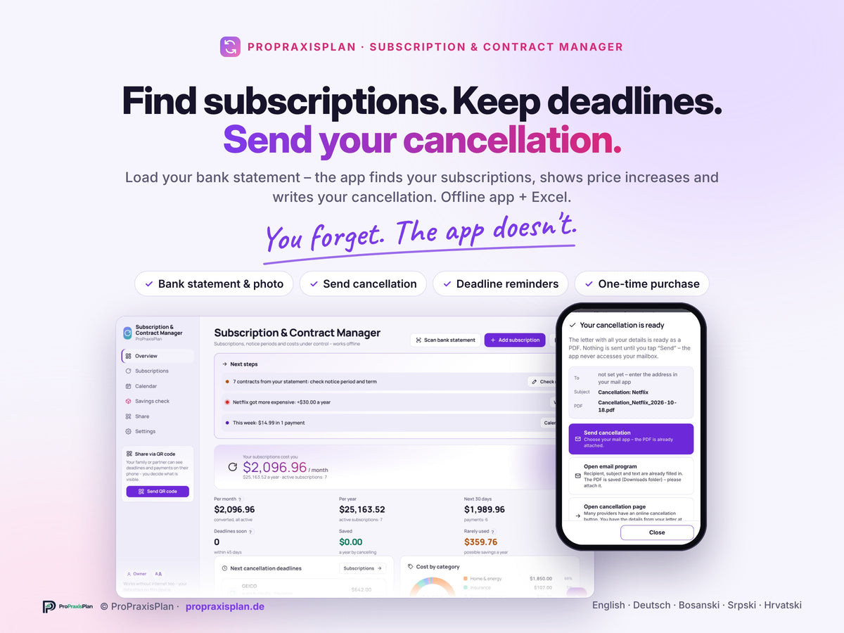 Subscription & Contract Manager – find subscriptions, keep deadlines, send your cancellation