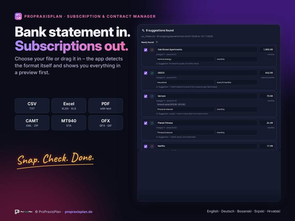Subscription & Contract Manager – load your bank statement, subscriptions are detected