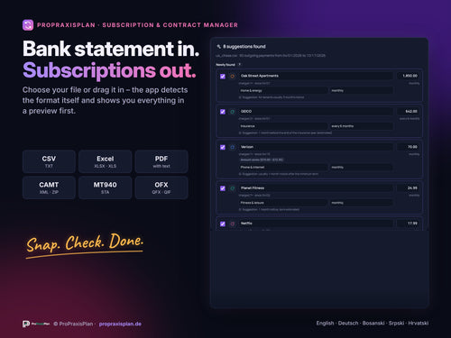 Subscription & Contract Manager – load your bank statement, subscriptions are detected