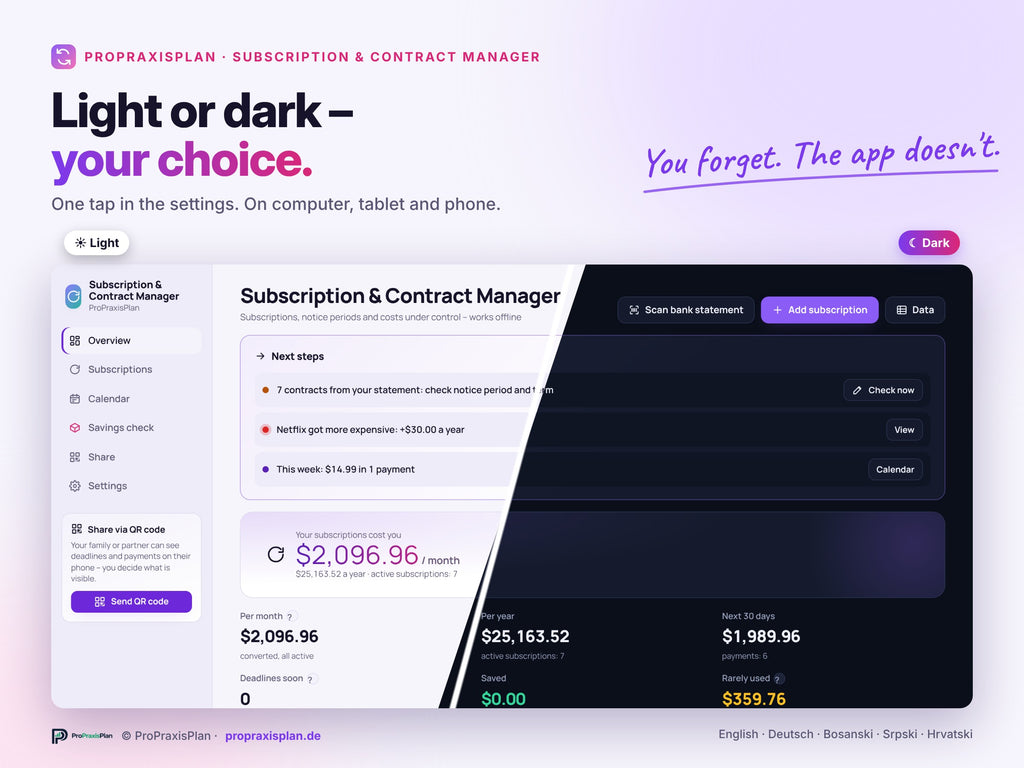 Subscription & Contract Manager – light and dark mode