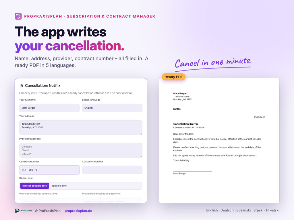 Subscription & Contract Manager – cancellation letter as a ready PDF