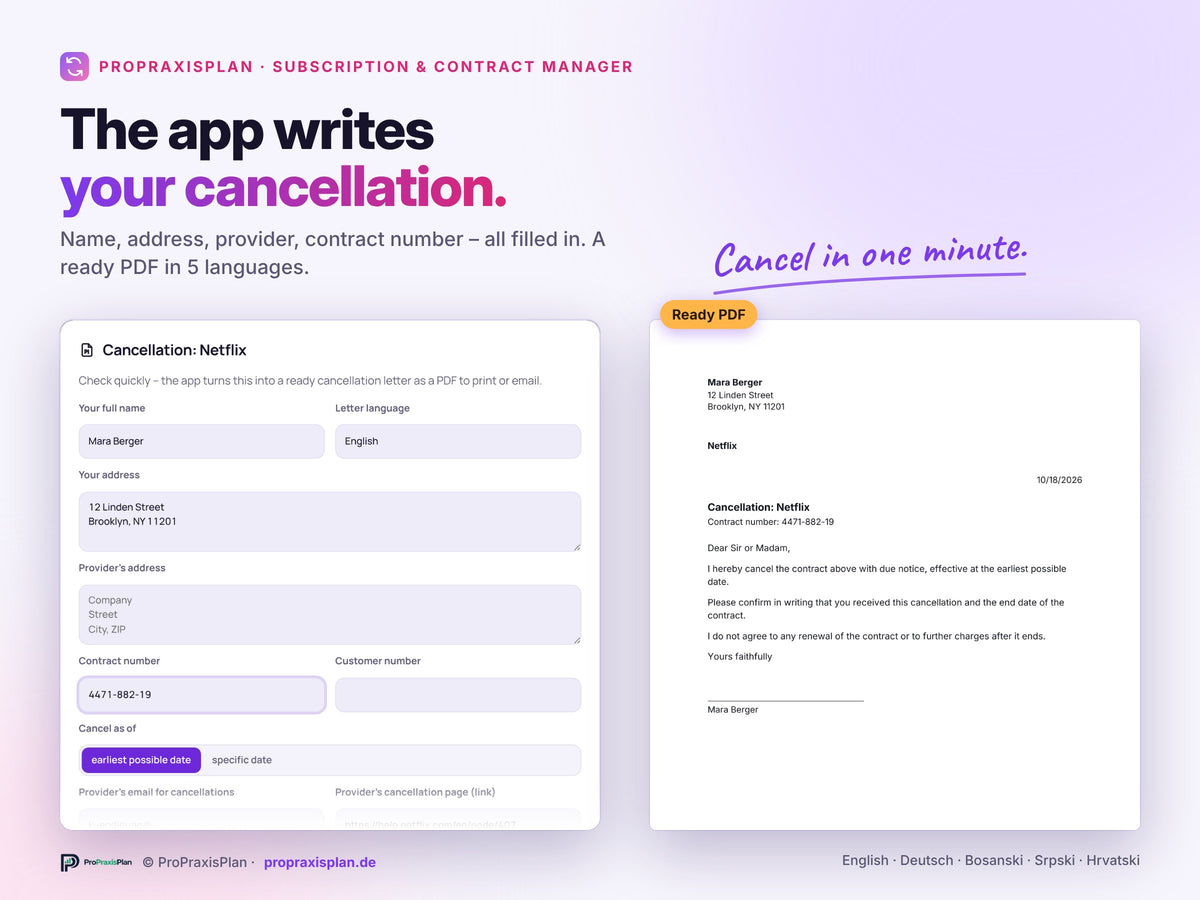 Subscription & Contract Manager – cancellation letter as a ready PDF