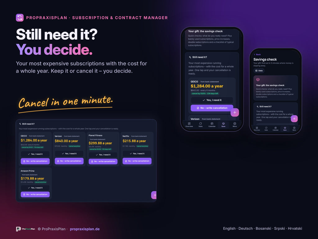 Subscription & Contract Manager – your gift: the savings check “Still need it?”