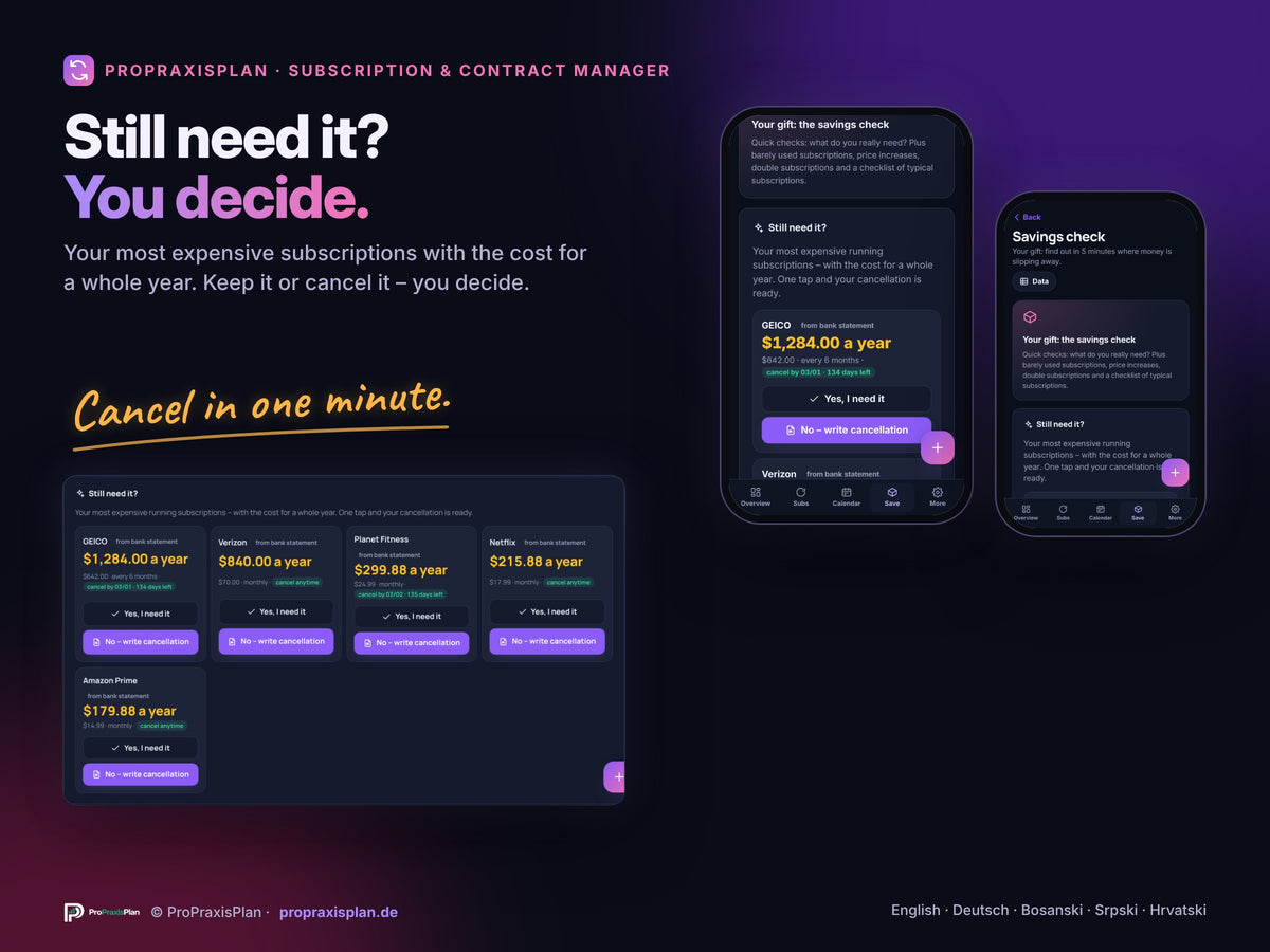 Subscription & Contract Manager – your gift: the savings check “Still need it?”