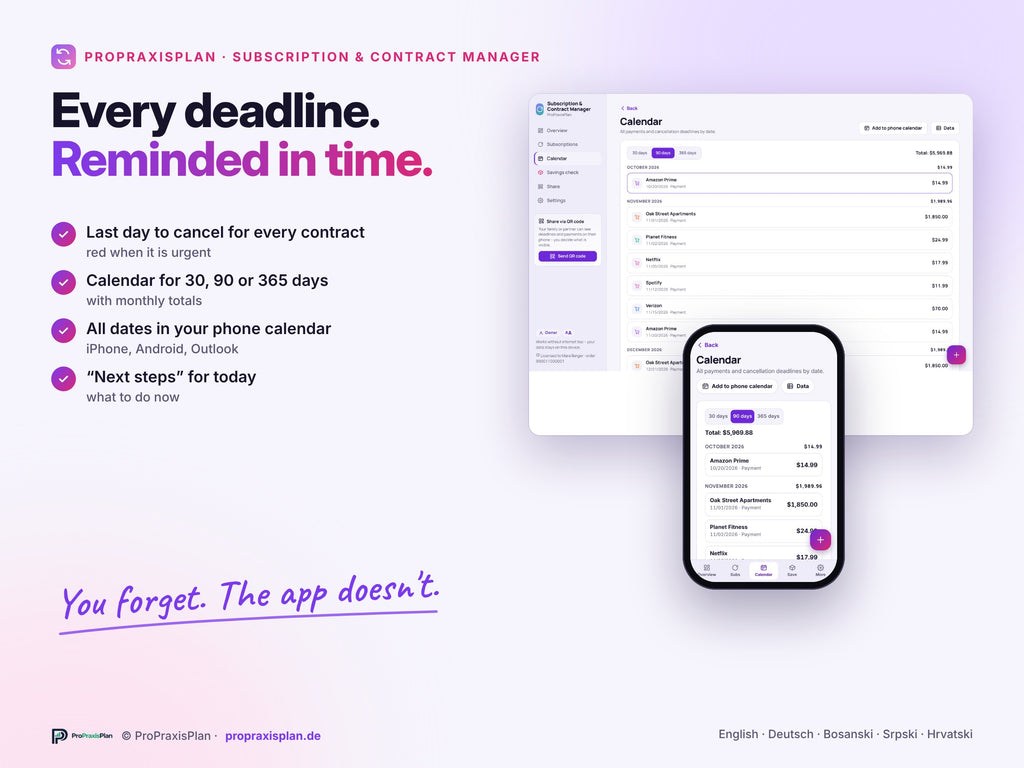 Subscription & Contract Manager – every deadline in your calendar