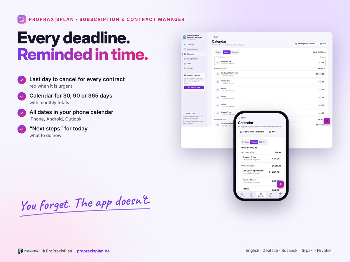 Subscription & Contract Manager – every deadline in your calendar
