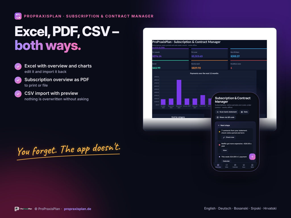Subscription & Contract Manager – Excel, PDF and CSV both ways