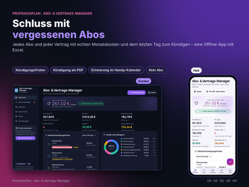 Abo- und Vertrags-Manager – Schluss mit vergessenen Abos, heller und dunkler Modus