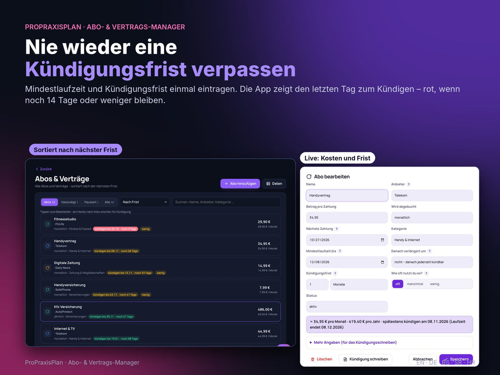 Abo- und Vertrags-Manager – nie wieder eine Kündigungsfrist verpassen