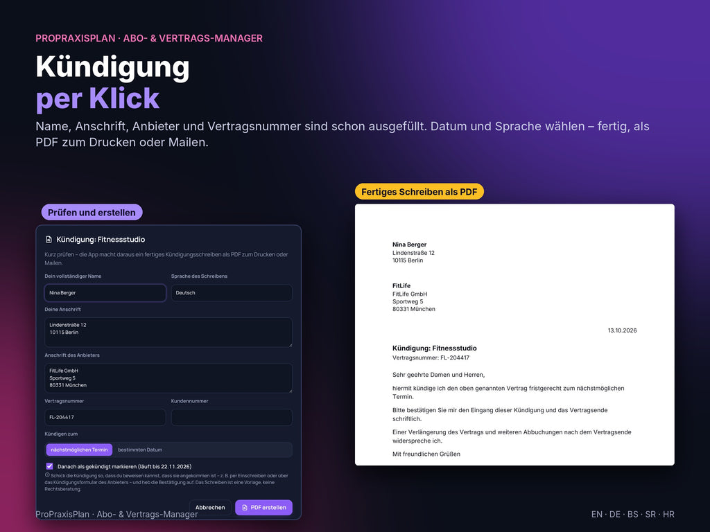 Abo- und Vertrags-Manager – Kündigung per Klick als PDF