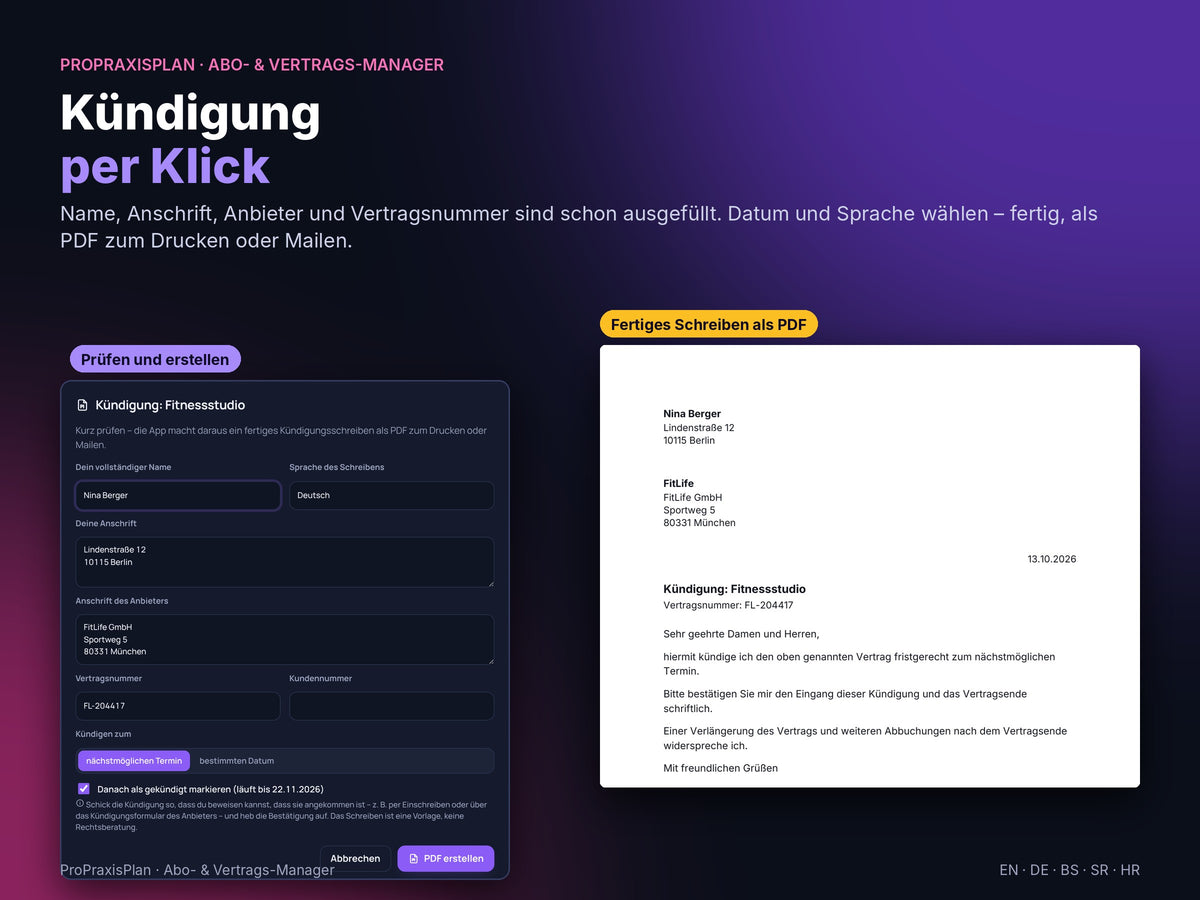 Abo- und Vertrags-Manager – Kündigung per Klick als PDF