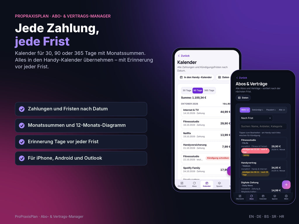 Abo- und Vertrags-Manager – jede Zahlung, jede Frist im Kalender
