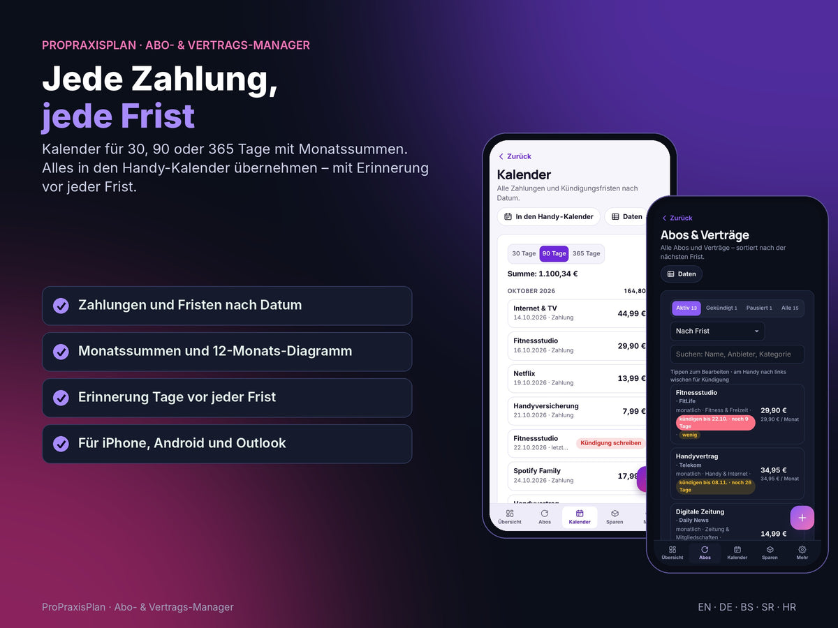 Abo- und Vertrags-Manager – jede Zahlung, jede Frist im Kalender