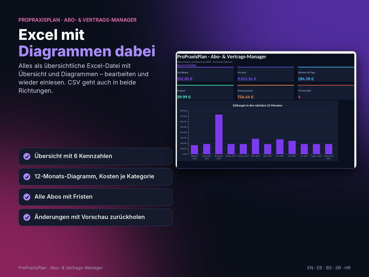 Abo- und Vertrags-Manager – Excel mit Diagrammen
