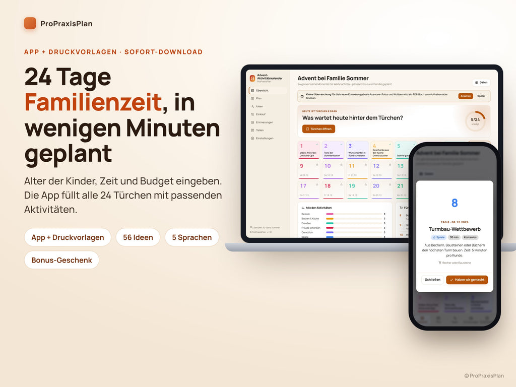Advent-Aktivitätskalender – 24 Tage Familienzeit in wenigen Minuten geplant, App am Computer und Handy