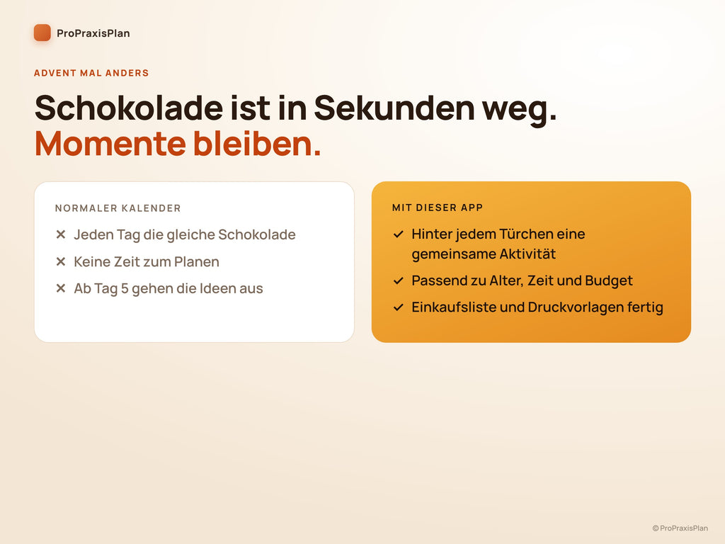Advent-Aktivitätskalender – gemeinsame Momente statt Schokolade, Vergleich mit einem normalen Adventskalender