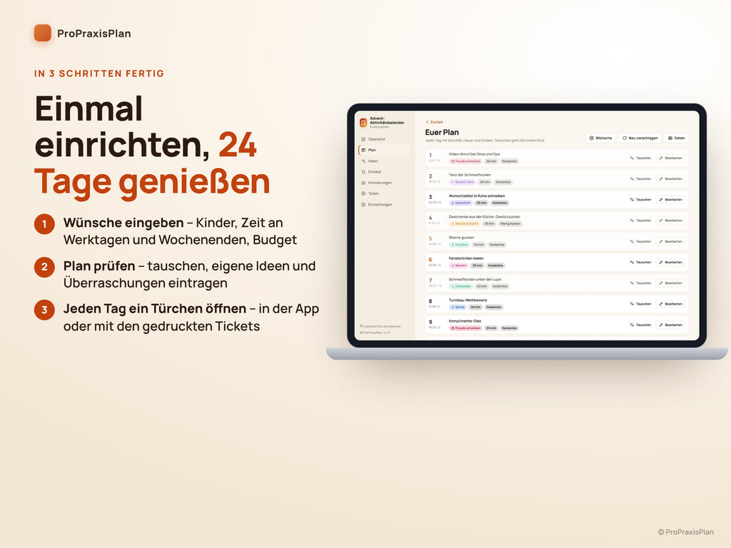 Advent-Aktivitätskalender – in 3 Schritten fertig: Wünsche eingeben, Plan prüfen, Türchen öffnen