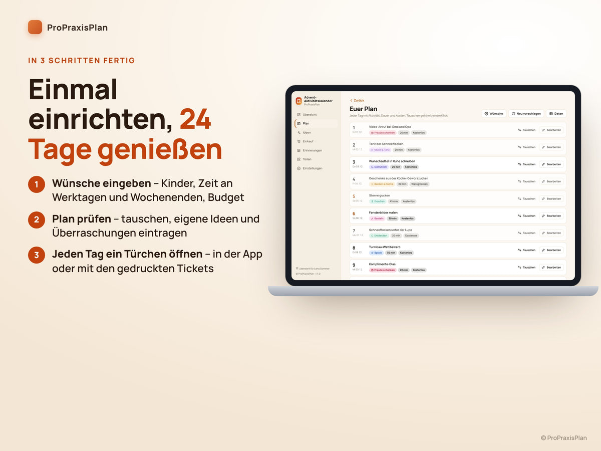 Advent-Aktivitätskalender – in 3 Schritten fertig: Wünsche eingeben, Plan prüfen, Türchen öffnen