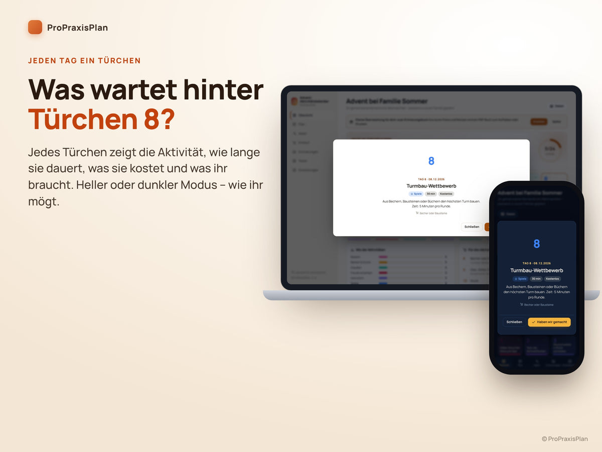 Advent-Aktivitätskalender – Türchen öffnen mit Dauer, Kosten und Material, heller und dunkler Modus