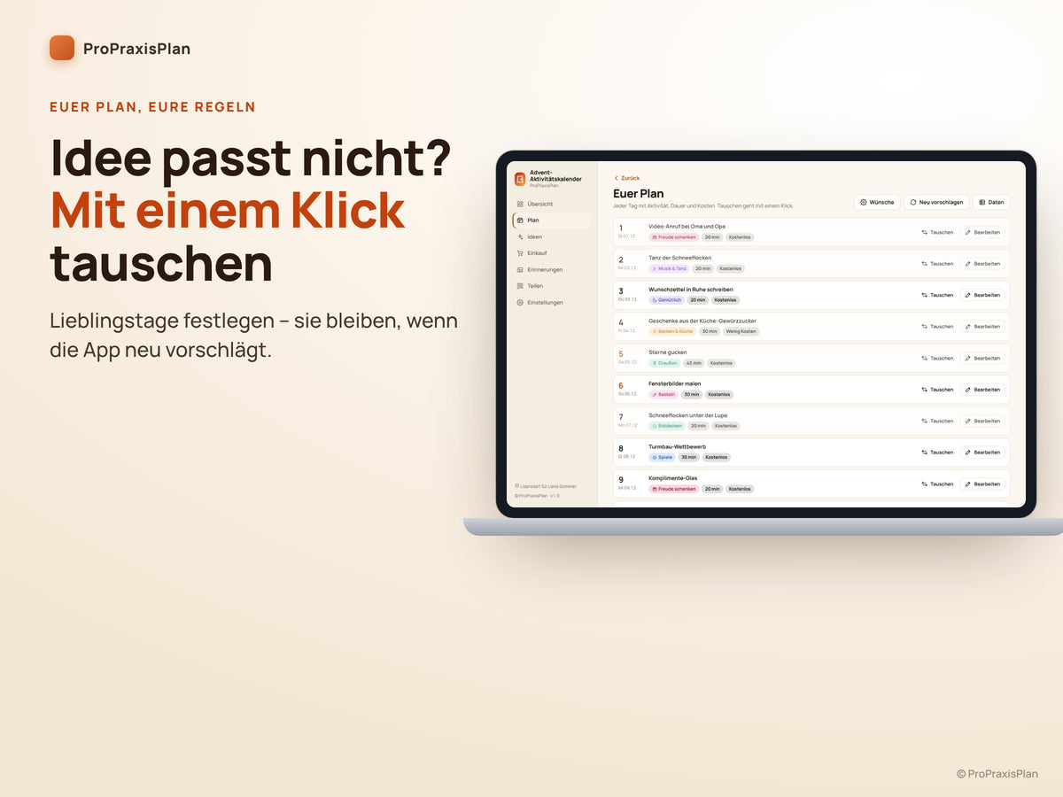 Advent-Aktivitätskalender – Aktivität mit einem Klick tauschen und Lieblingstage festlegen