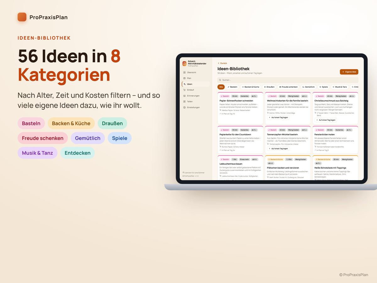 Advent-Aktivitätskalender – Ideen-Bibliothek mit 56 Ideen in 8 Kategorien