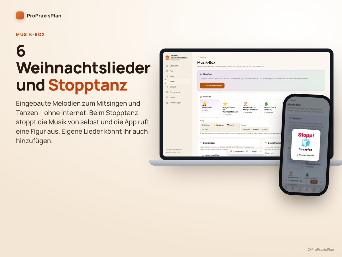 Advent-Aktivitätskalender – Musik-Box mit 6 Weihnachtsliedern und Stopptanz