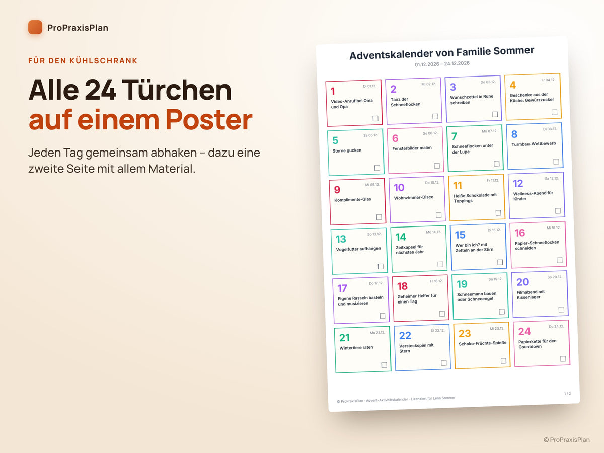 Advent-Aktivitätskalender – alle 24 Türchen auf einem Poster für den Kühlschrank