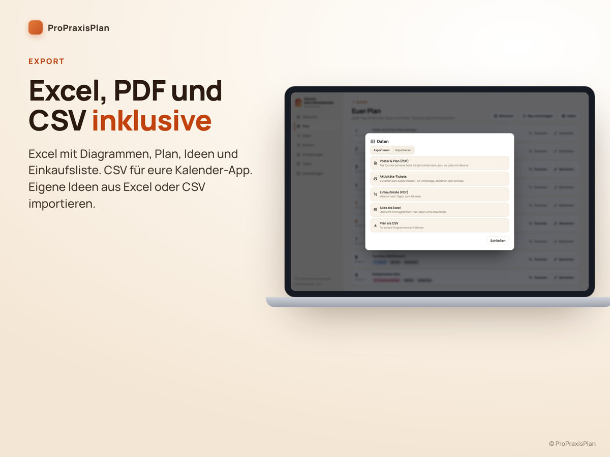 Advent-Aktivitätskalender – Export als Excel, PDF und CSV