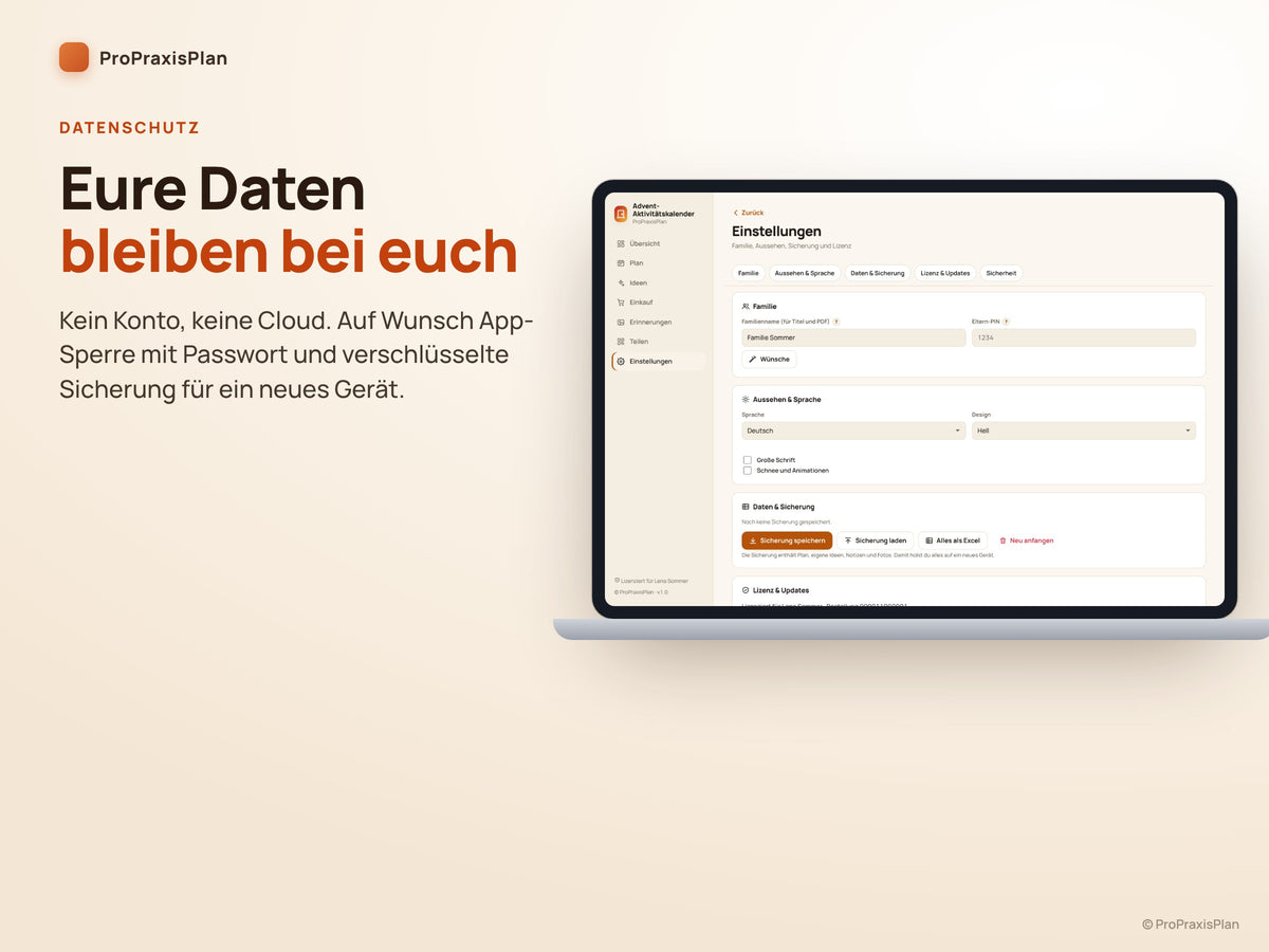 Advent-Aktivitätskalender – eure Daten bleiben bei euch: kein Konto, keine Cloud, App-Sperre
