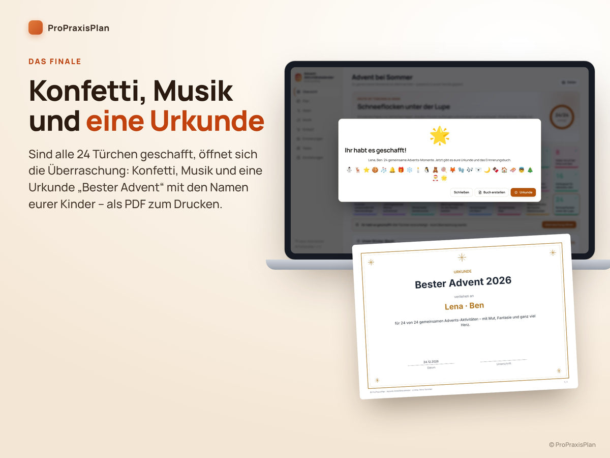 Advent-Aktivitätskalender – Finale mit Konfetti, Musik und Urkunde „Bester Advent“