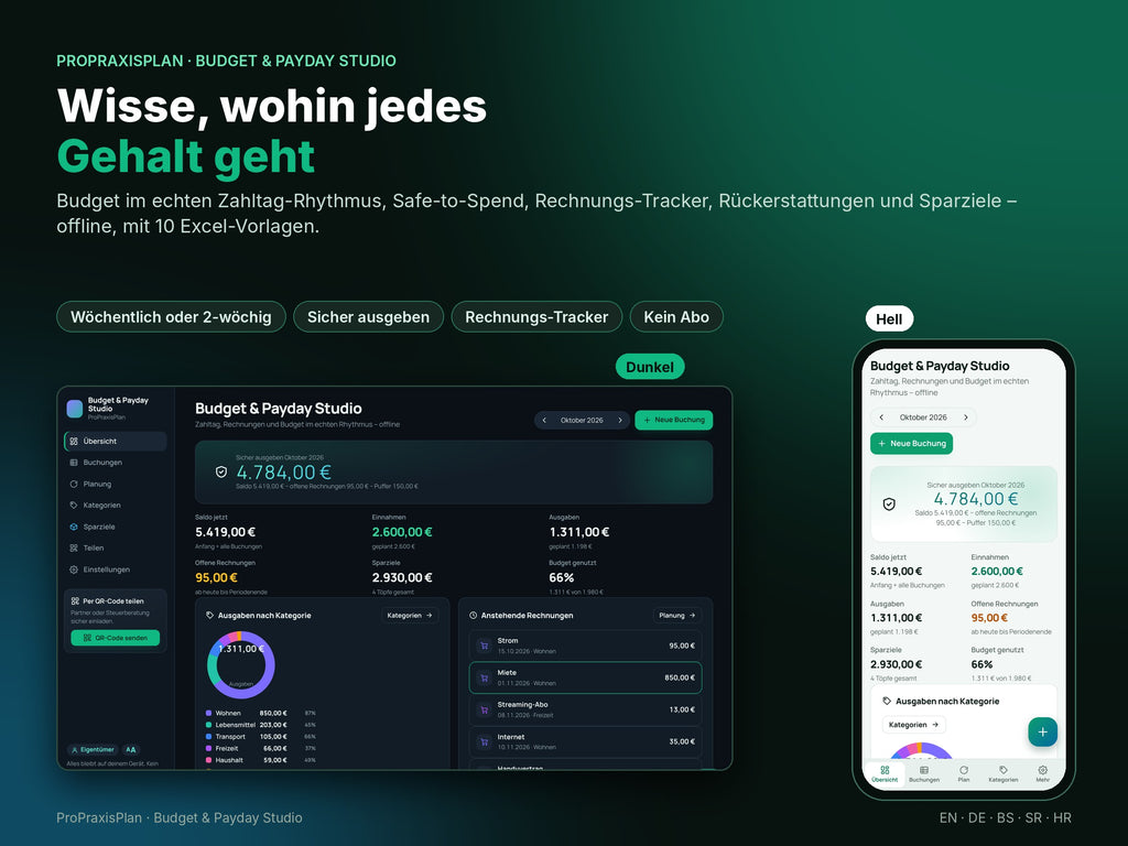 Budget & Payday Studio – wisse, wohin jedes Gehalt geht, heller und dunkler Modus