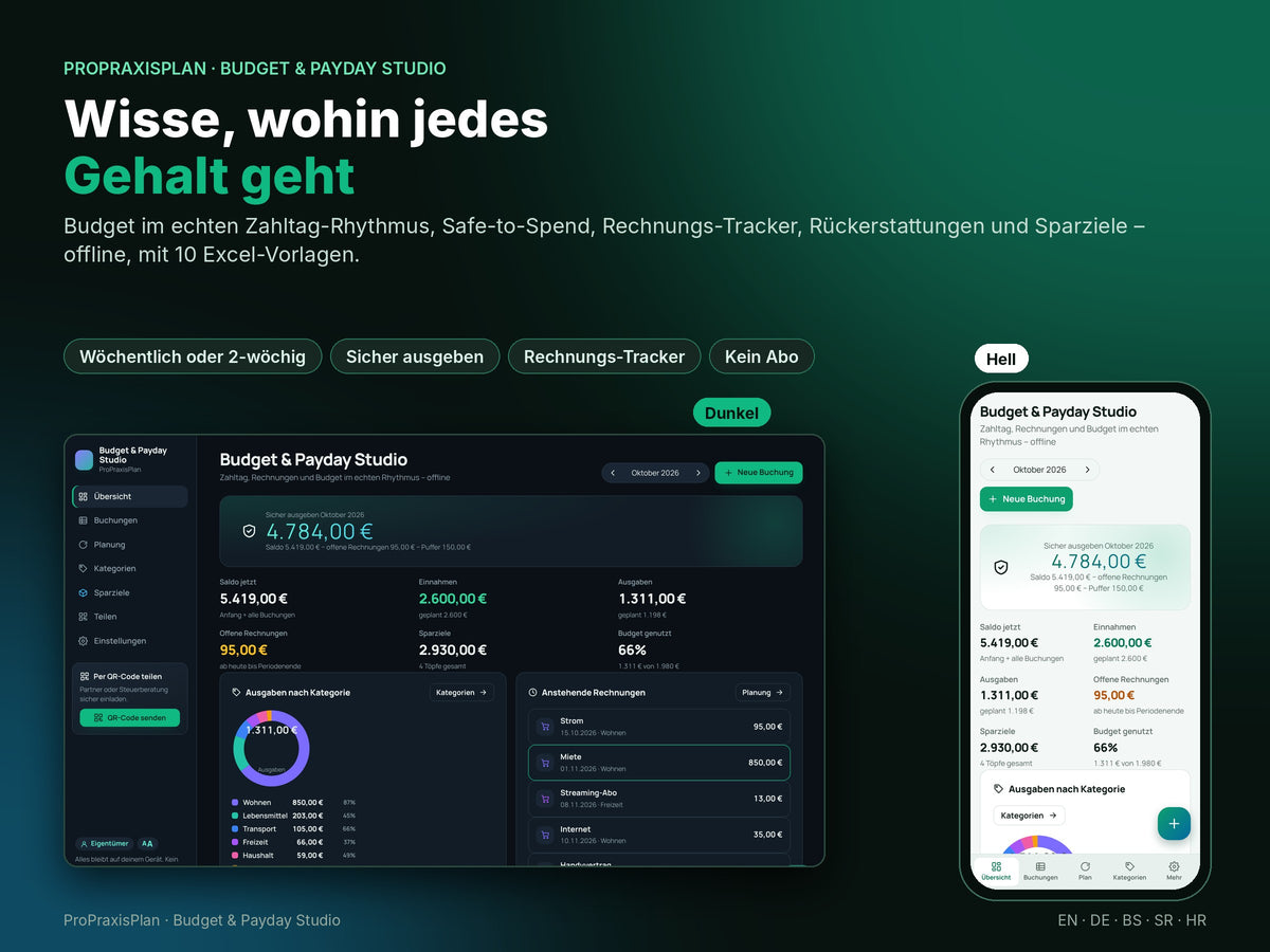 Budget & Payday Studio – wisse, wohin jedes Gehalt geht, heller und dunkler Modus