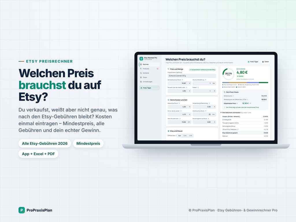 Etsy-Rechner Pro – welchen Preis brauchst du auf Etsy? Rechner mit allen Etsy-Gebühren 2026 und Mindestpreis, App + Excel + PDF