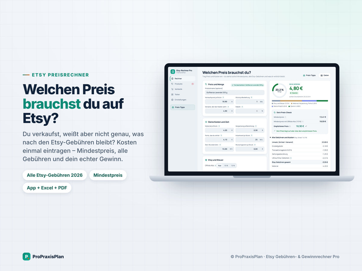 Etsy-Rechner Pro – welchen Preis brauchst du auf Etsy? Rechner mit allen Etsy-Gebühren 2026 und Mindestpreis, App + Excel + PDF