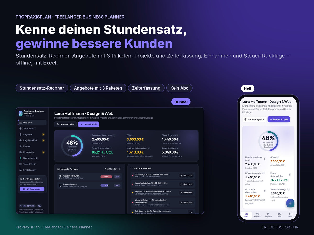 Freelancer Business Planner – kenne deinen Stundensatz, heller und dunkler Modus