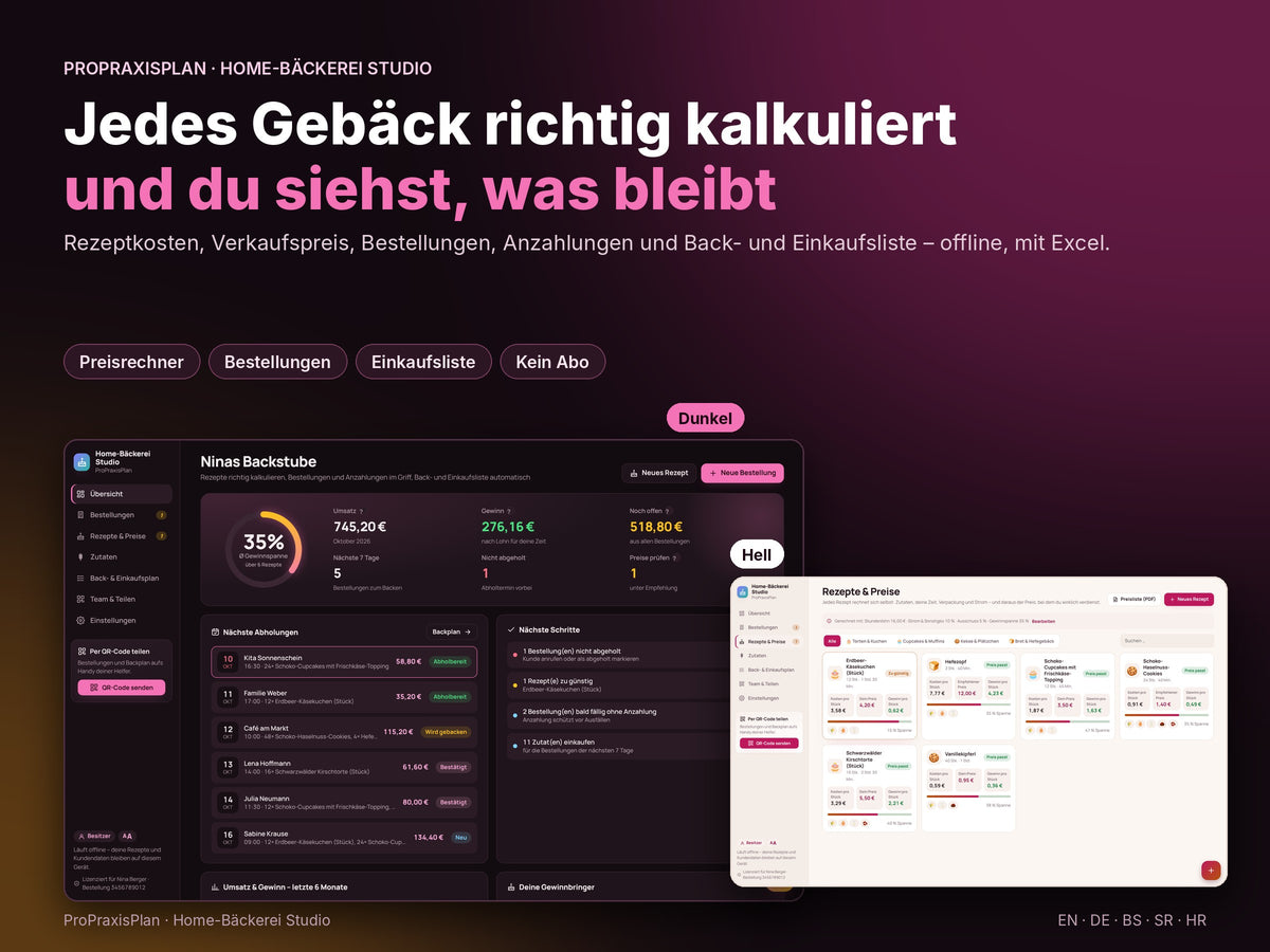 Home-Bäckerei Studio – jedes Gebäck richtig kalkuliert, heller und dunkler Modus