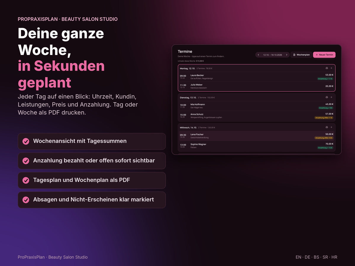 Beauty Salon Studio – die ganze Woche in Sekunden geplant, Tages- und Wochenplan als PDF
