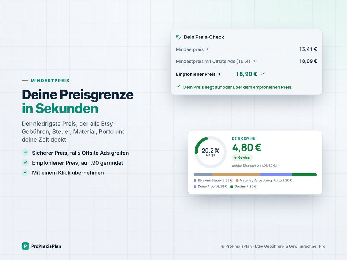 Etsy-Rechner Pro – deine Preisgrenze in Sekunden: Mindestpreis, empfohlener Preis und dein Gewinn