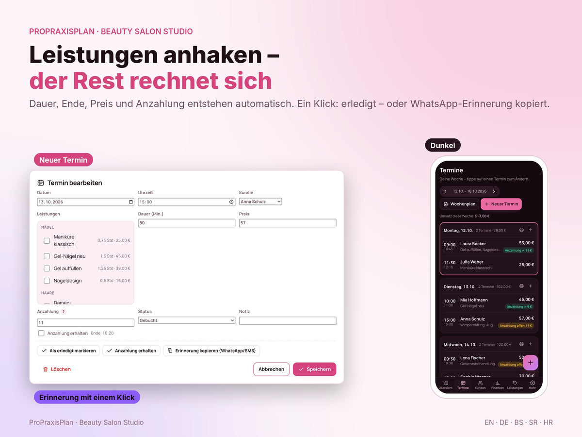 Beauty Salon Studio – Leistungen anhaken, Dauer, Preis und Anzahlung rechnen sich selbst